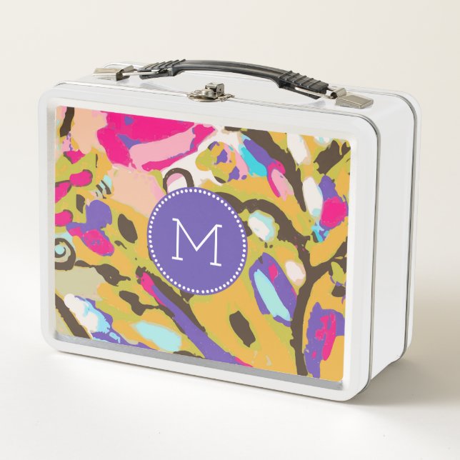 Monogrammm | Pink Boho Floral I Metall Brotdose (Vorderseite)