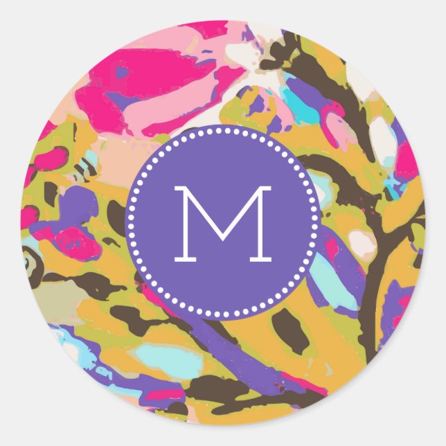 Monogrammm | Pink Boho Floral I Runder Aufkleber (Vorderseite)