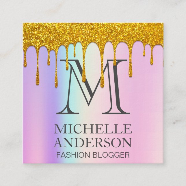 Monogrammm | Rainbow Blend | Gold Glitzer Tropfen Quadratische Visitenkarte (Vorderseite)