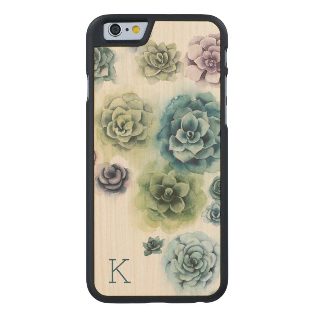 Monogrammm | Sukkulenten-Cluster Carved Wood iPhone Hülle (Rückseite)