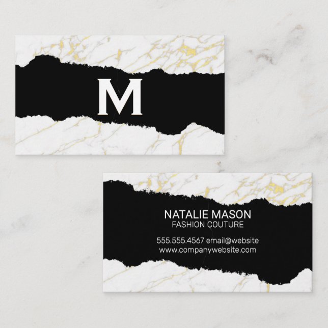 Monogrammm | Weißer Marmor | Goldfolie Visitenkarte (Vorne/Hinten)