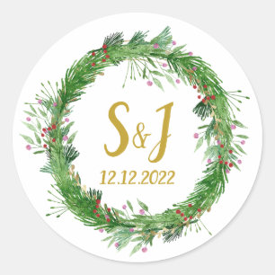 Monogrammm Winter Greenery Wedding Umschlag Aufk Runder Aufkleber