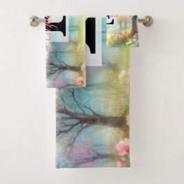 Monogrammname auf Aquarellfarben-Blume in Pastellf Badhandtuch Set