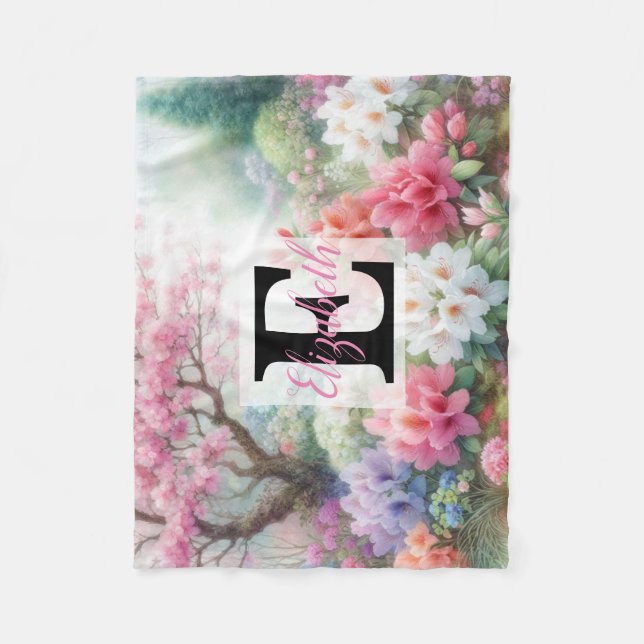Monogrammname auf Aquarellfarben-Blume in Pastellf Fleecedecke (Vorderseite)