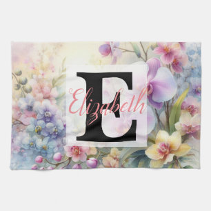 Monogrammname auf Aquarellfarben-Blume in Pastellf Geschirrtuch