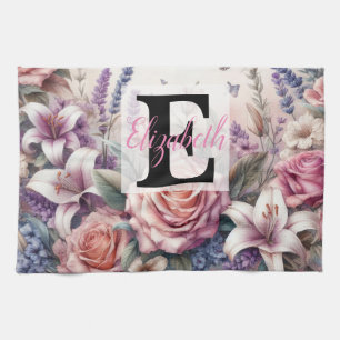 Monogrammname auf Aquarellfarben-Blume in Pastellf Geschirrtuch