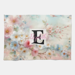 Monogrammname auf Aquarellfarben-Blume in Pastellf Geschirrtuch