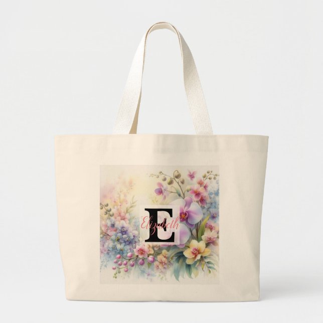 Monogrammname auf Aquarellfarben-Blume in Pastellf Jumbo Stoffbeutel (Vorne)
