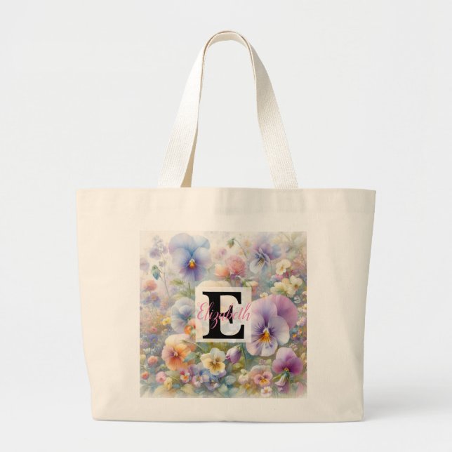 Monogrammname auf Aquarellfarben-Blume in Pastellf Jumbo Stoffbeutel (Vorne)