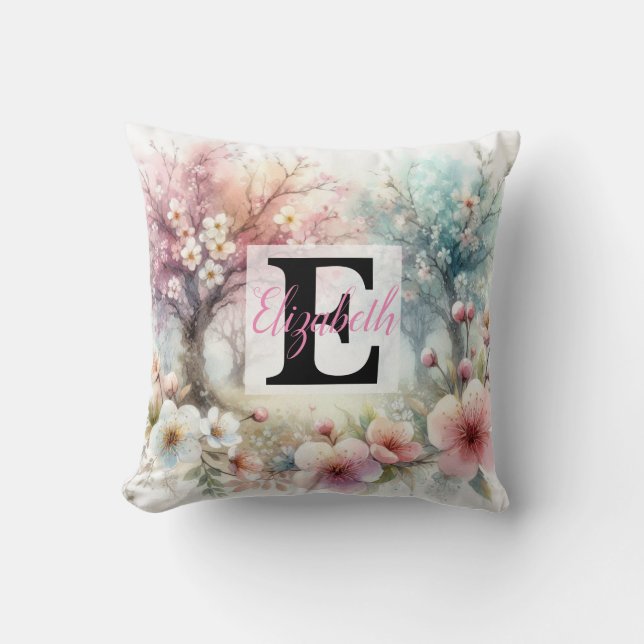 Monogrammname auf Aquarellfarben-Blume in Pastellf Kissen (Vorderseite)