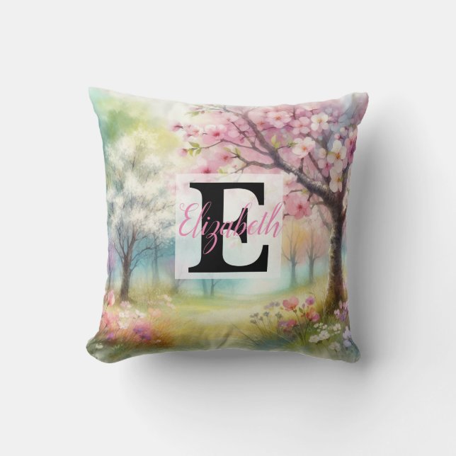 Monogrammname auf Aquarellfarben-Blume in Pastellf Kissen (Vorderseite)
