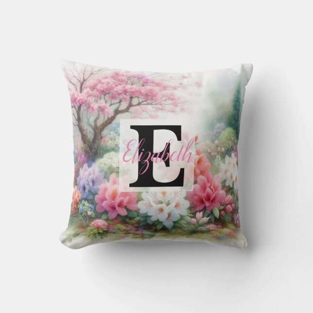 Monogrammname auf Aquarellfarben-Blume in Pastellf Kissen (Vorderseite)