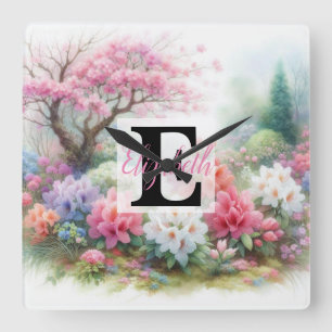 Monogrammname auf Aquarellfarben-Blume in Pastellf Quadratische Wanduhr