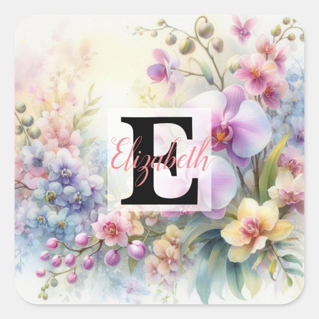 Monogrammname auf Aquarellfarben-Blume in Pastellf Quadratischer Aufkleber (Vorderseite)