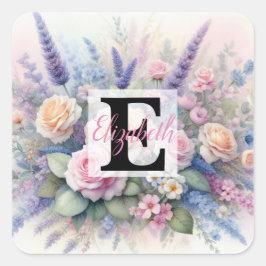 Monogrammname auf Aquarellfarben-Blume in Pastellf Quadratischer Aufkleber