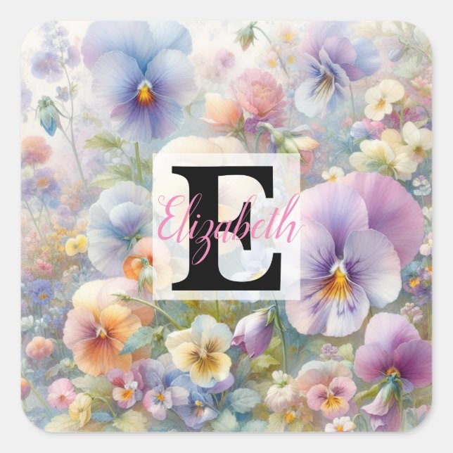 Monogrammname auf Aquarellfarben-Blume in Pastellf Quadratischer Aufkleber (Vorderseite)