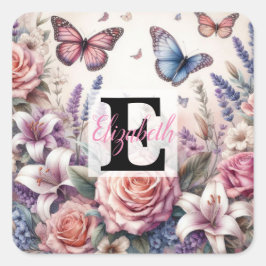 Monogrammname auf Aquarellfarben-Blume in Pastellf Quadratischer Aufkleber