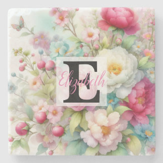 Monogrammname auf Aquarellfarben-Blume in Pastellf Steinuntersetzer