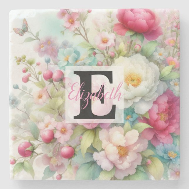 Monogrammname auf Aquarellfarben-Blume in Pastellf Steinuntersetzer (Vorderseite)