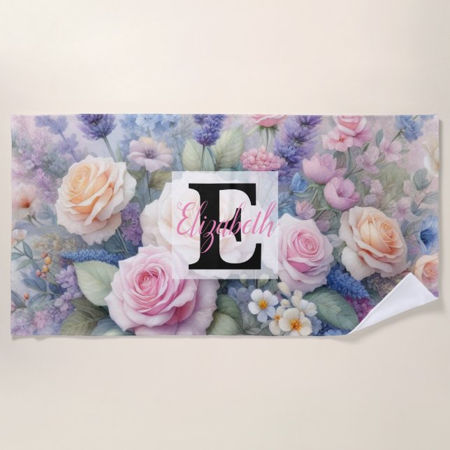 Monogrammname auf Aquarellfarben-Blume in Pastellf Strandtuch (Vorderseite)