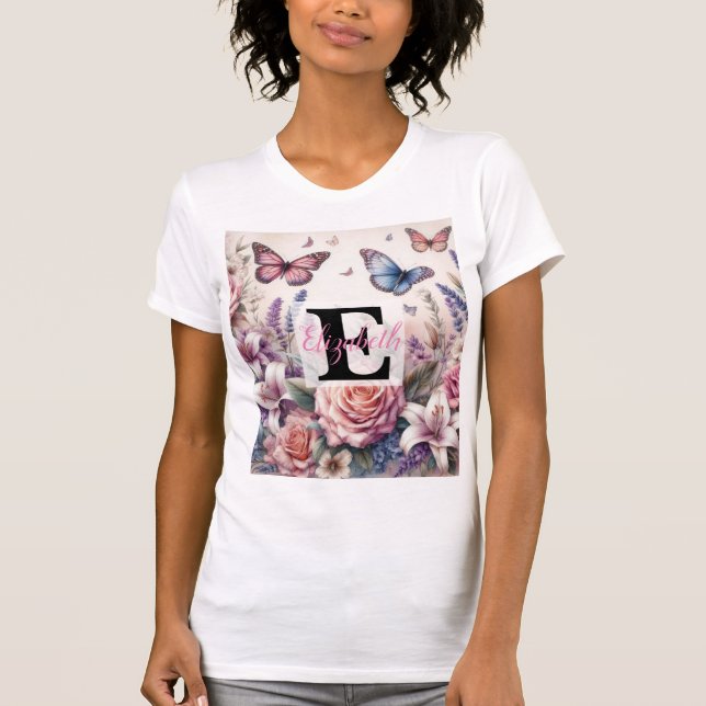 Monogrammname auf Aquarellfarben-Blume in Pastellf T-Shirt (Vorderseite)