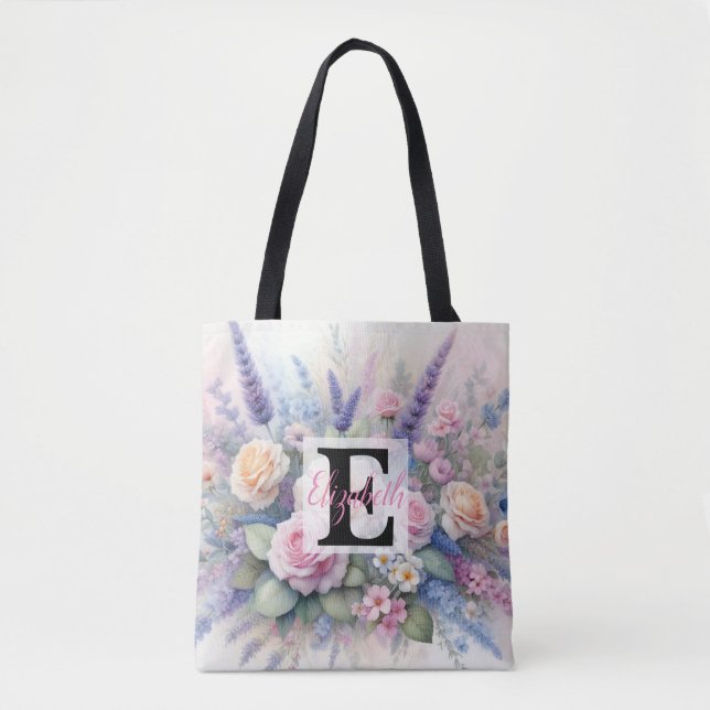 Monogrammname auf Aquarellfarben-Blume in Pastellf Tasche (Vorderseite)