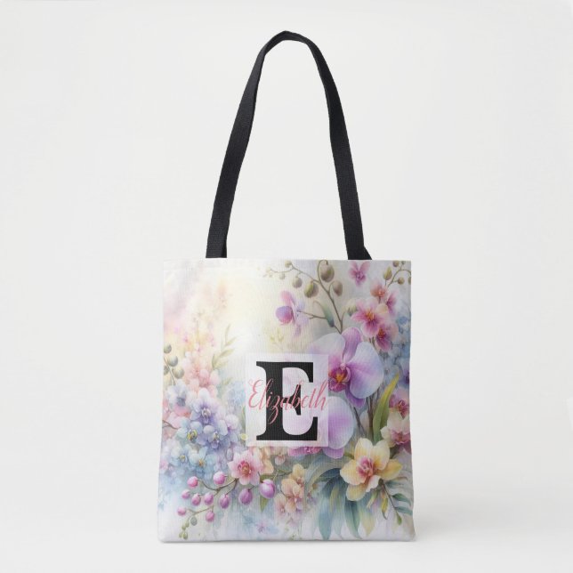 Monogrammname auf Aquarellfarben-Blume in Pastellf Tasche (Vorderseite)