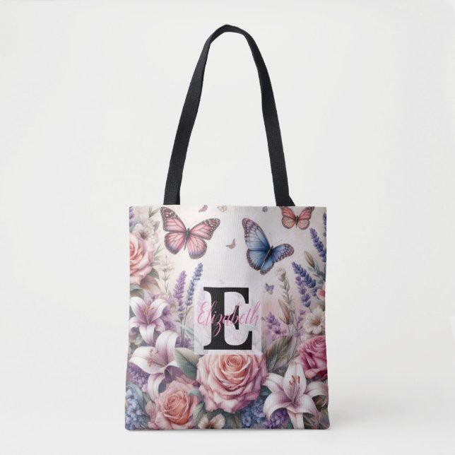 Monogrammname auf Aquarellfarben-Blume in Pastellf Tasche (Vorderseite)