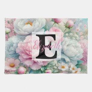 Monogrammname auf Wasserfarbenblumen in Pastellfar Geschirrtuch