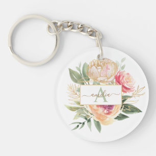 Monogrammname für die Blume "Peony and Gold" Schlüsselanhänger