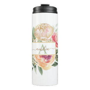 Monogrammname für die Blume "Peony and Gold" Thermosbecher