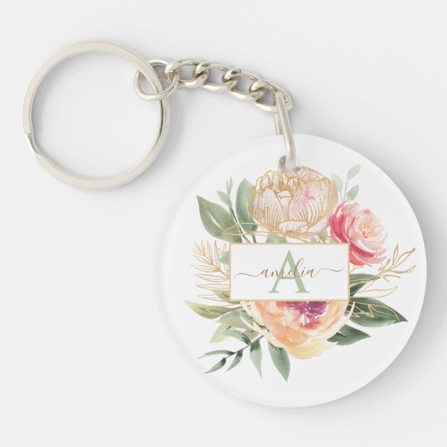 Monogrammname für die Blume "Peony" und "Gold" Schlüsselanhänger (Vorderseite)