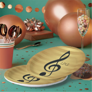 Monogrammschwarzer dreifacher Clef auf goldenen Pappteller