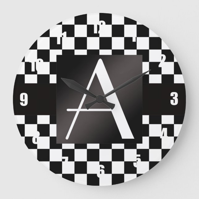 Monogrammschwarzweiss-Schachbrett Große Wanduhr (Vorderseite)