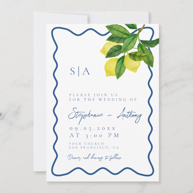 Monograms Lemon Citrus, Blue Wave Border Wedding   Einladung (Vorderseite)