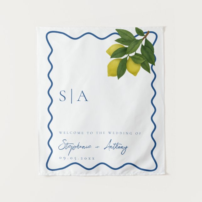 Monograms Lemon Citrus, Blue Wave Border Wedding   Wandteppich (Vorderseite)