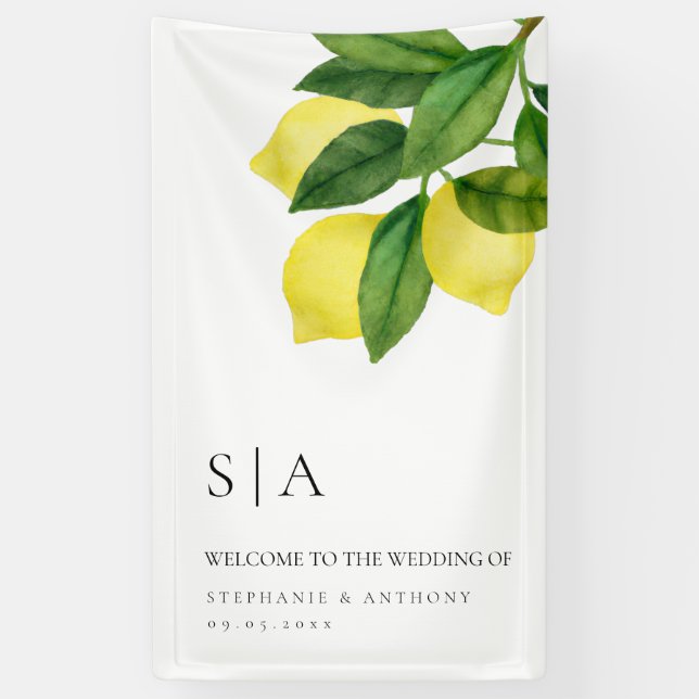 Monograms Lemon Citrus Branch Greenery Wedding  Banner (Vertikal)