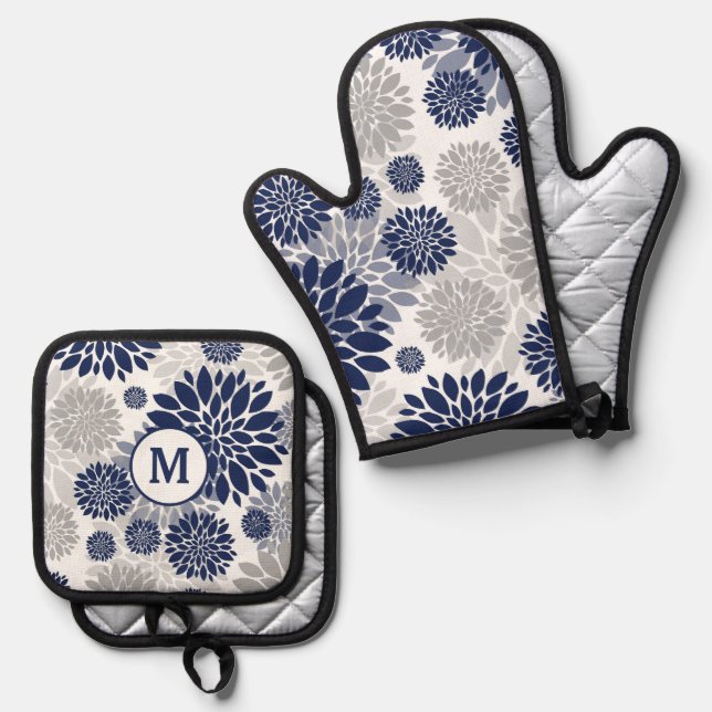 Monographie der Navy Blue Gray Blume Ofenhandschuh & Topflappen-Set (Vorderseite/Rückseite)
