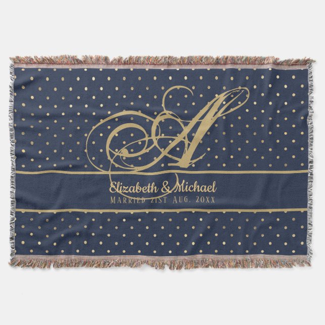 Monorgam Navy Blue Gold Punkt Newlyweds Wedding Decke (Vorderseite)