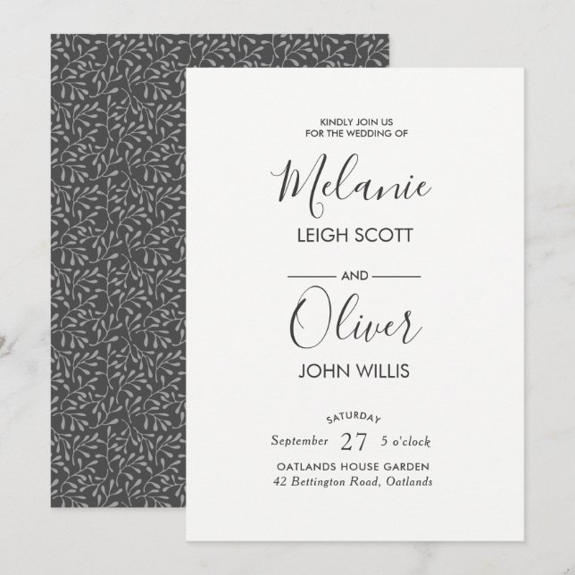 Monotone Vintage Blätter Hochzeitseinladung Einladung (Vorne/Hinten)