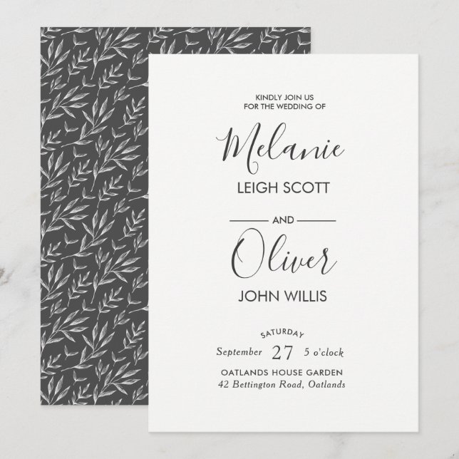 Monotone Vintage Blätter Hochzeitseinladung Einladung (Vorne/Hinten)