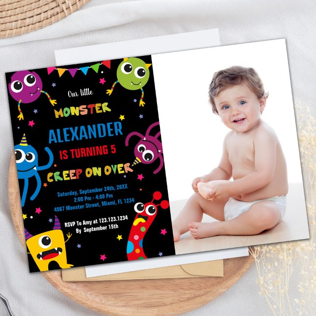 Monster Anniversaire Invitations Couleurs Noir ave (Monster Birthday Invitations Colours Black w photo)