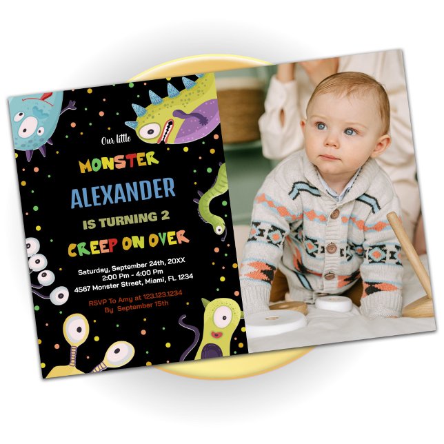 Monster Anniversaire Invitations Green Black avec  (Monster Birthday Invitations Green Black w photo)