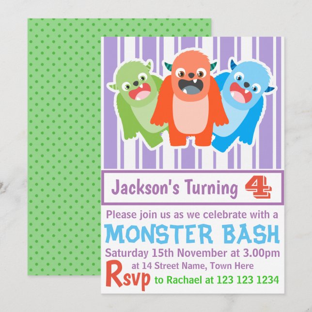 Monster Bash Farbenfrohe Freude Custom Kindergebur Einladung (Vorne/Hinten)