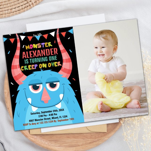 Monster Birthday Einladungen Blaues schwarzes Foto (Monster Birthday Invitations Blue Black Photo)