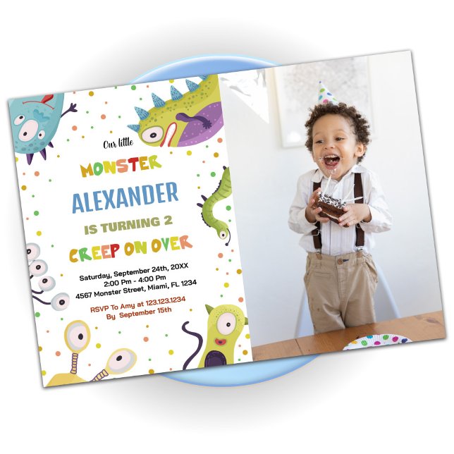 Monster Birthday Einladungen Dunkelgrün mit Foto (Monster Birthday Invitations Dark Green with photo)