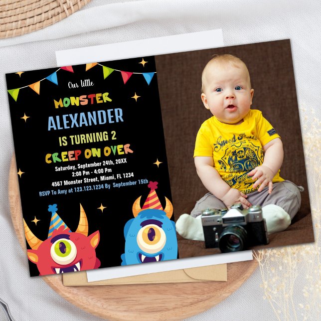 Monster Birthday Einladungen Farbflags w Foto (Monster Birthday Invitations Colour Flags w photo)