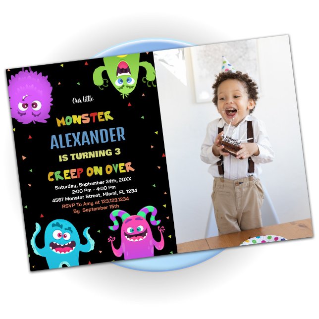 Monster Birthday Einladungen Grünes Schwarzes Foto (Monster Birthday Invitations Green Black photo)