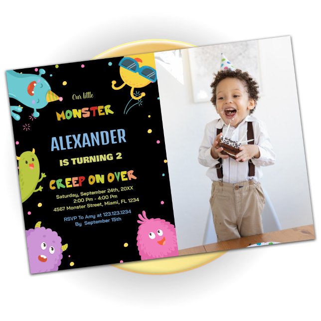 Monster Birthday Einladungen Schwarz mit Foto (Monster Birthday Invitations Black with photo)