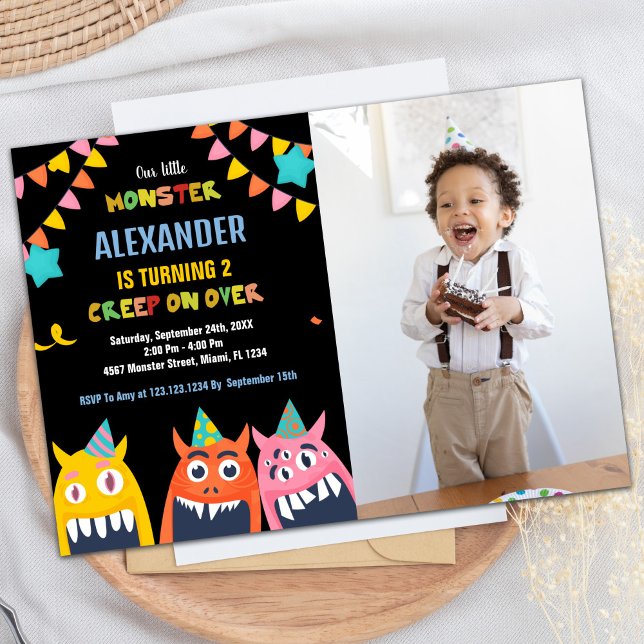 Monster Birthday Einladungen Schwarzes Foto (Monster Birthday Invitations Black photo)
